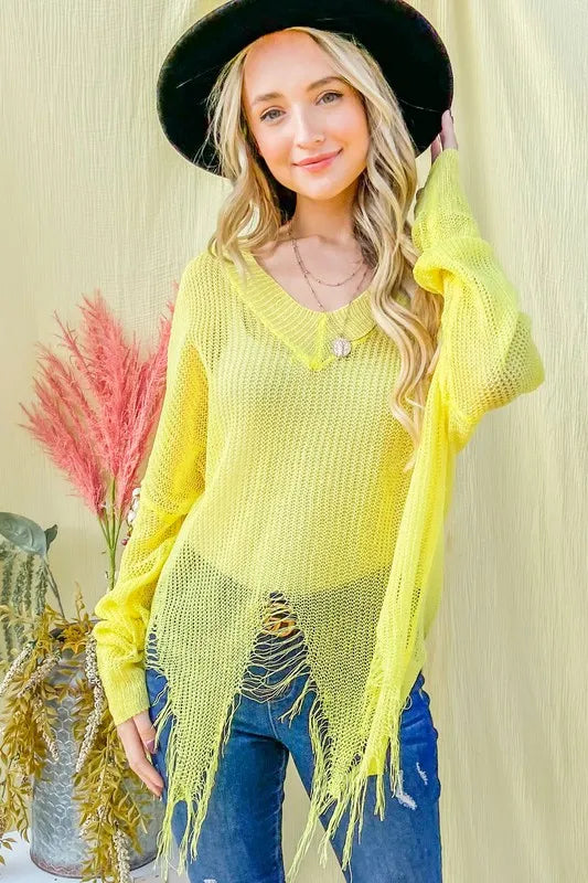 Vibrant yellow distressed mesh V-neck sweater with fringe detailing and relaxed fit