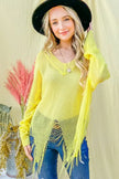 Vibrant yellow distressed mesh V-neck sweater with fringe detailing and relaxed fit