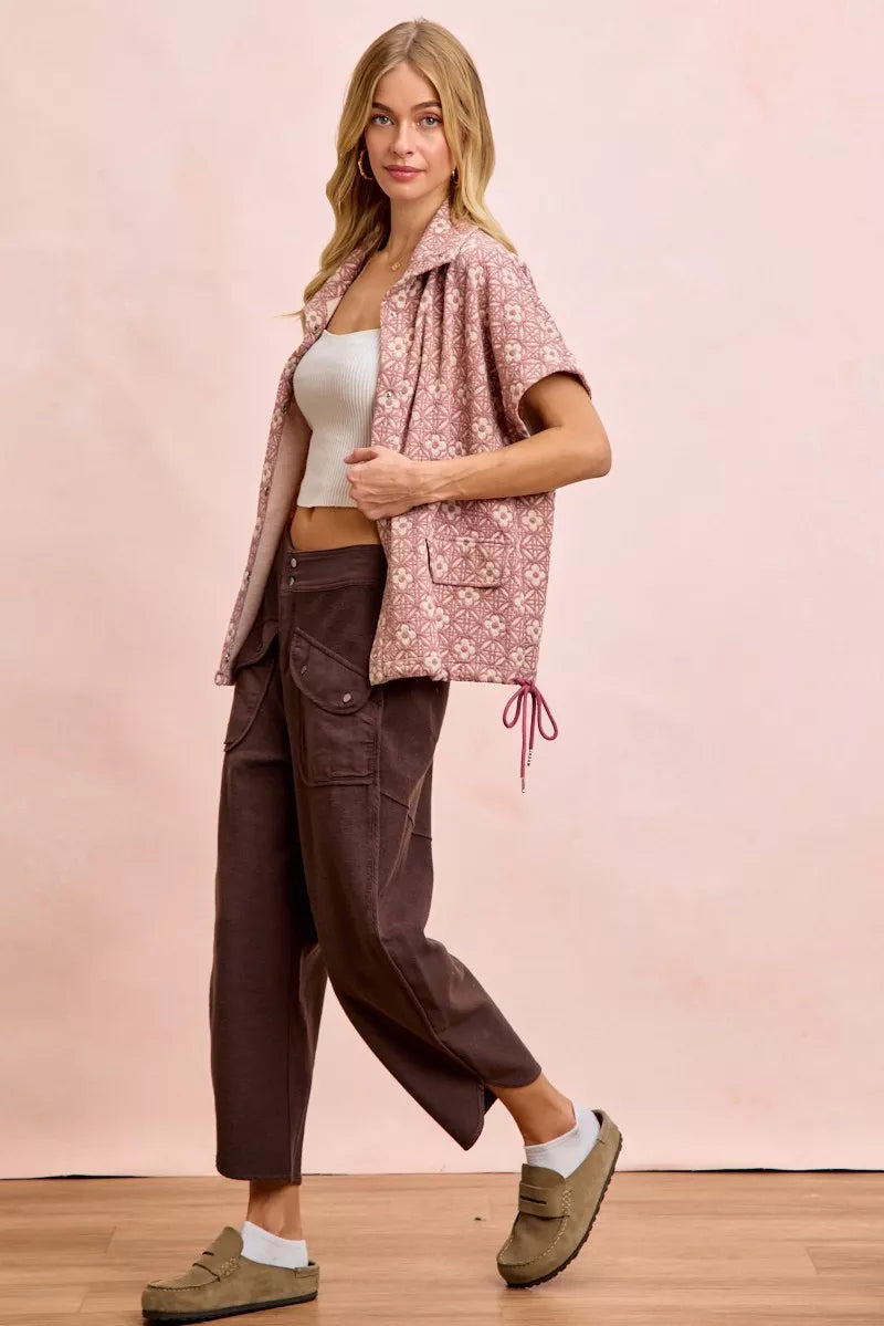 Mocha brown terry pants with relaxed fit and front pocket