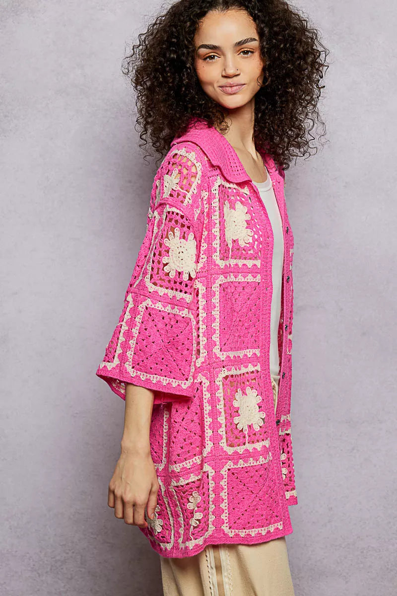 Relaxed fit crochet top with bold collar and granny square floral pattern