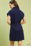 Navy soft rayon-polyester dolman sleeve zip dress with relaxed fit and smooth texture