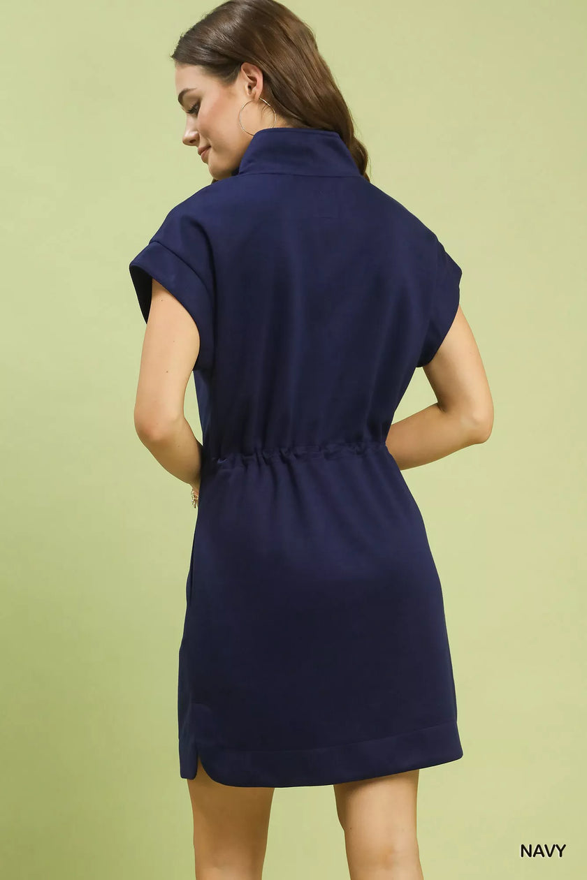 Navy soft rayon-polyester dolman sleeve zip dress with relaxed fit and smooth texture