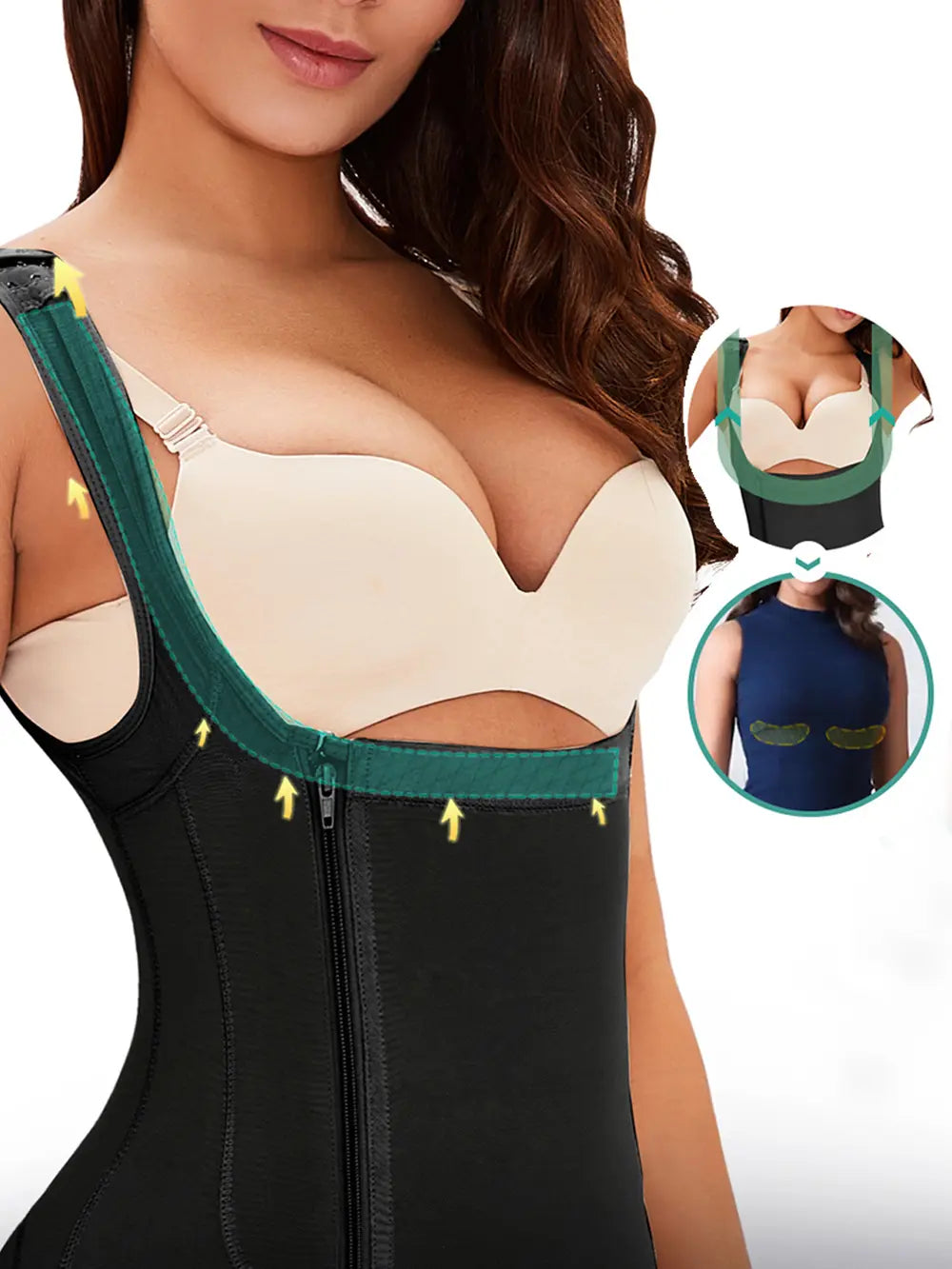 Black wide strap shaper with zip detail at back