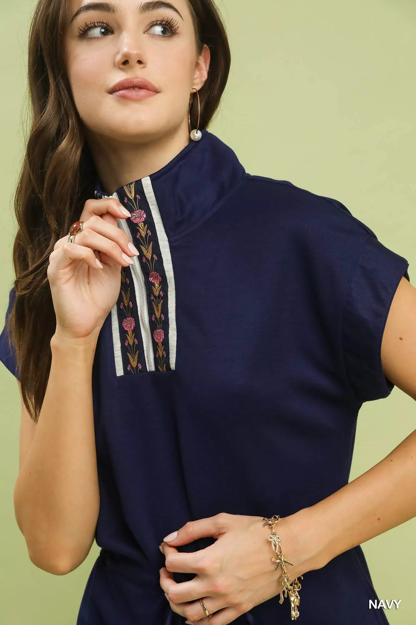 Trendy navy rayon-polyester dolman dress with floral embroidered collar, sleek zip detail, and casual fit