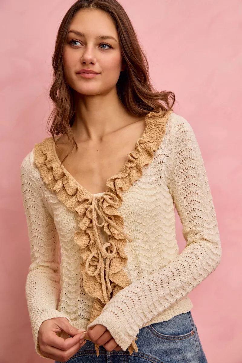 Cream and beige pointelle knit cardigan with ruffled lace front and tie detail