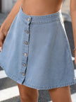 Black denim skirt with button front and high-rise waistband