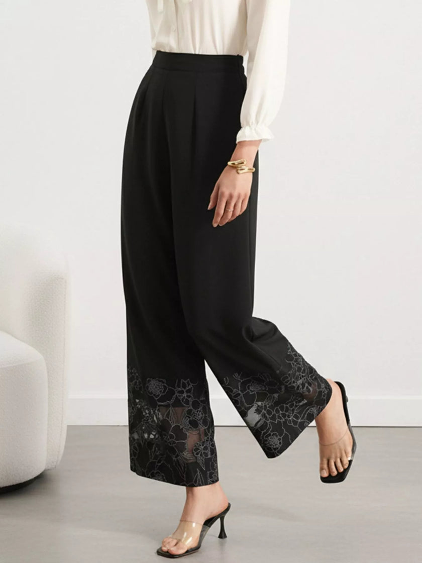 Wide leg pants with delicate floral lace trim at hem