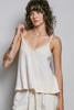 Textured knit V-neck cami in soft neutral tones with lace straps and relaxed fit