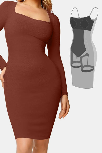 Long sleeve maxi dress highlighting supportive contouring