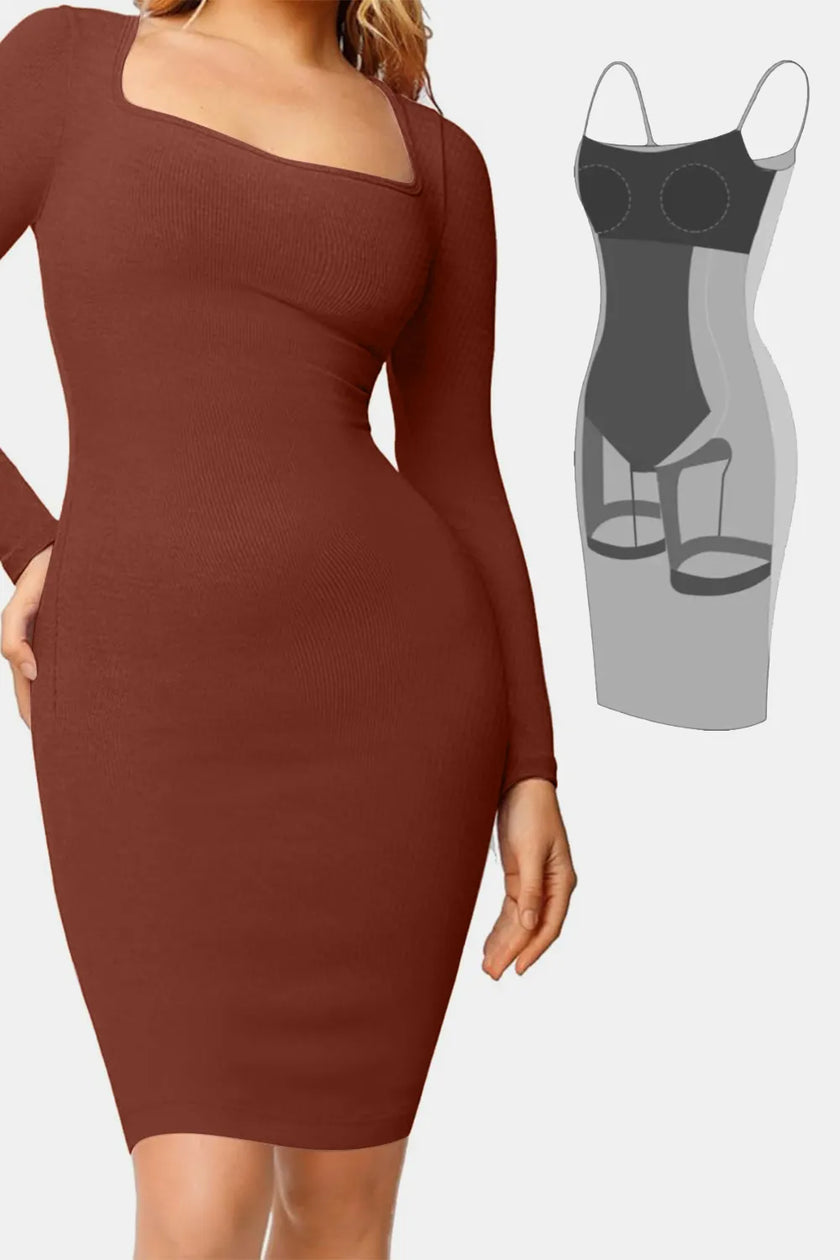 Long sleeve maxi dress highlighting supportive contouring