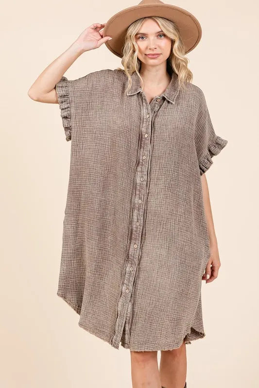 Brown mineral wash cotton gauze shirt dress with ruffle sleeves and button front