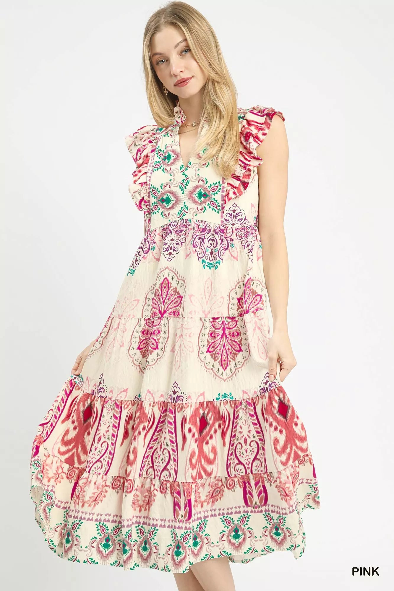 Boho midi dress with mixed border print and flutter sleeves