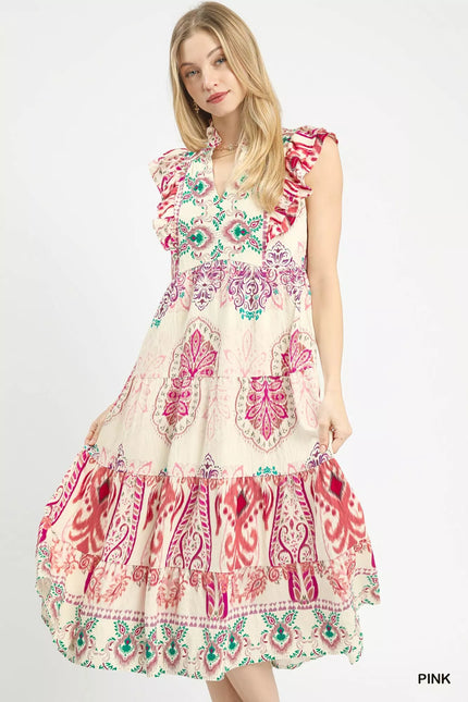Boho midi dress with mixed border print and flutter sleeves