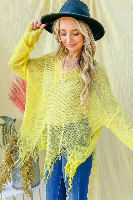 Vibrant yellow distressed mesh V-neck sweater cover-up with frayed edges and wide sleeves