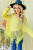 Vibrant yellow distressed mesh V-neck sweater cover-up with frayed edges and wide sleeves