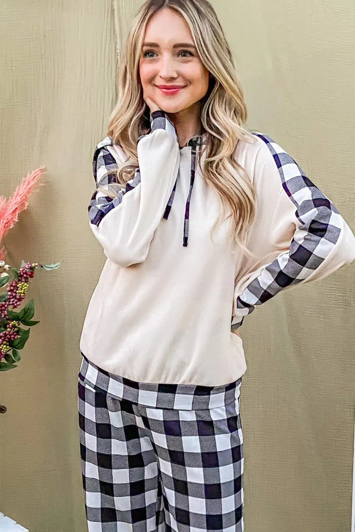 Black and white plaid lounge set featuring hooded top and drawstring pants