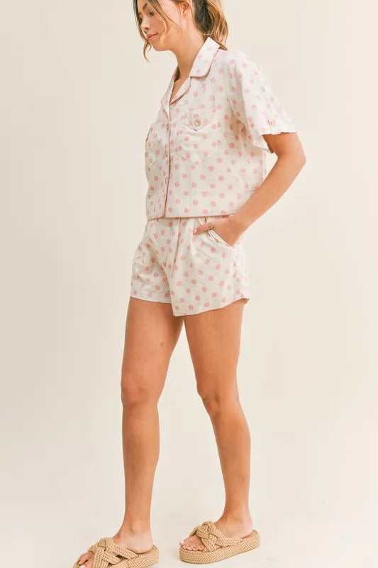 Polka dot print on buttoned lounge top and shorts
