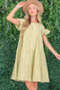 Lime green cotton gauze dress with ruffled sleeves and tiered skirt, relaxed fit