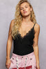 Black ribbed camisole with lace trim V-neck and adjustable straps