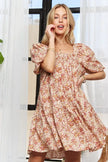 Close-up of sheer floral dress bodice with smocked details