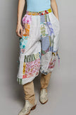Multi-colored patchwork wide leg cotton pants with floral prints and adjustable side drawstrings