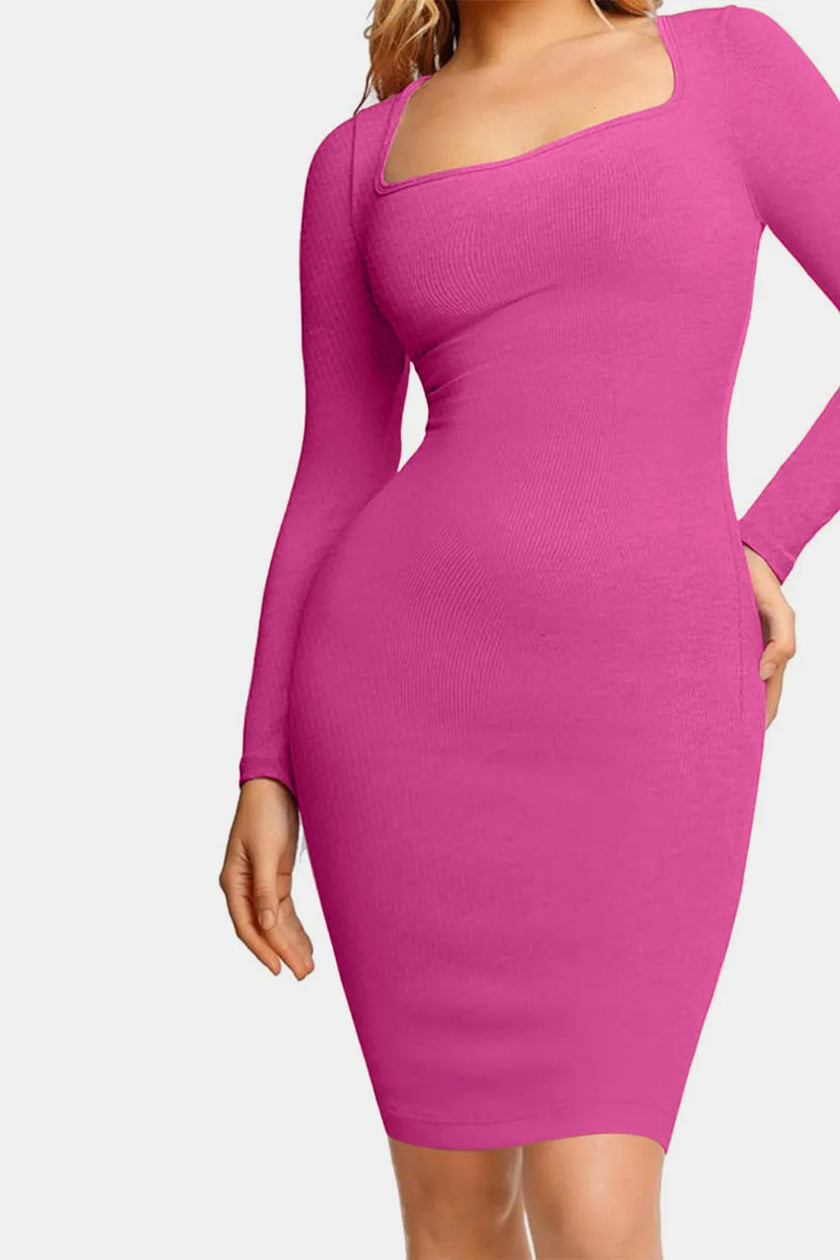 Close-up of high-stretch maxi dress with square neckline