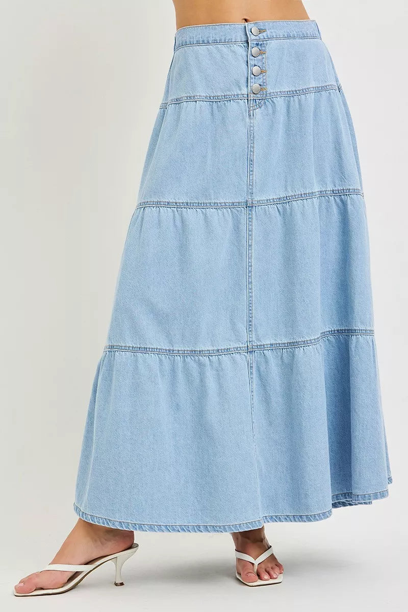 Light blue high-rise tiered denim maxi skirt with button front and ruffled hem