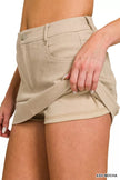 Beige cotton twill lined mini skirt with pockets, slim fit and button closure