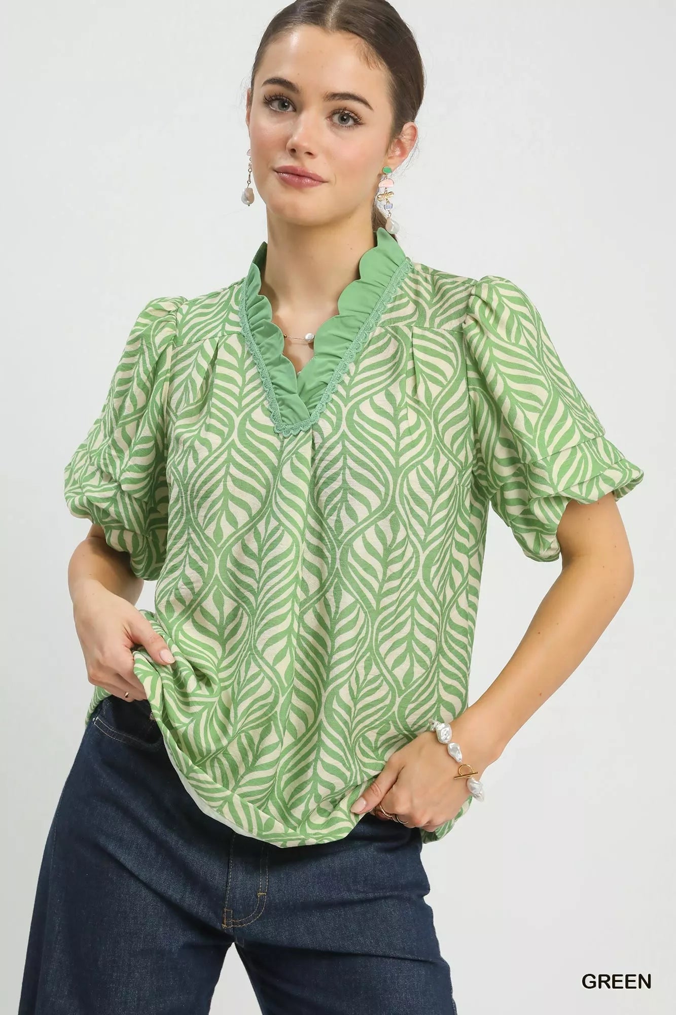 Leaf-printed puff sleeve blouse with scalloped ruffle neckline