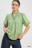 Leaf-printed puff sleeve blouse with scalloped ruffle neckline