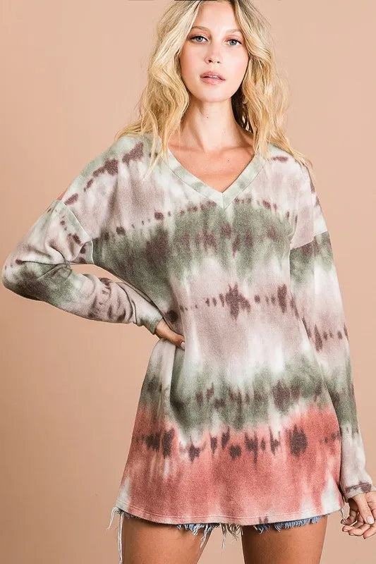 Bohemian tie-dye V-neck top in earthy greens, browns, and pinks with soft stretchable fabric