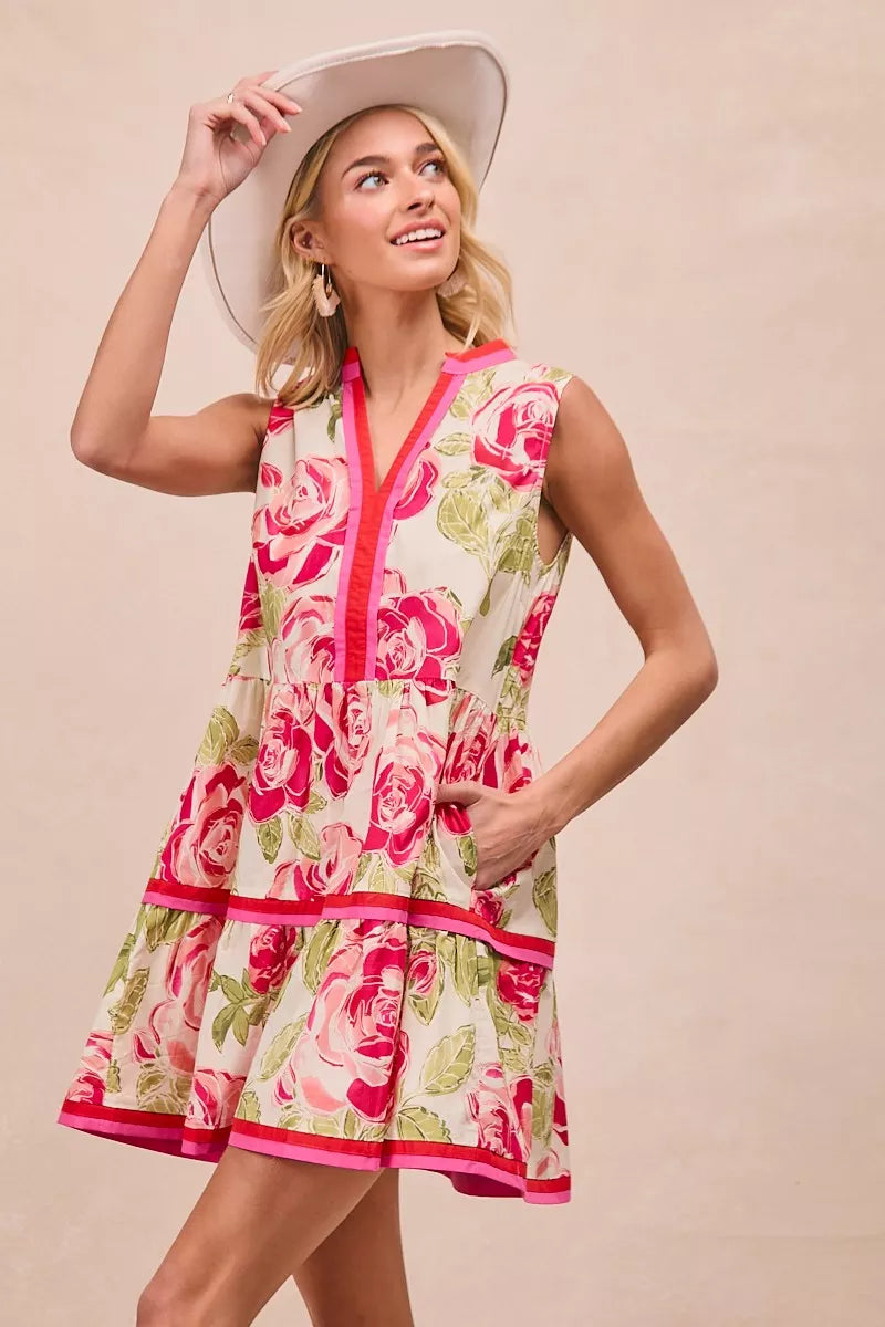 Close detail of floral pattern on lightweight mini dress