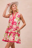 Close detail of floral pattern on lightweight mini dress