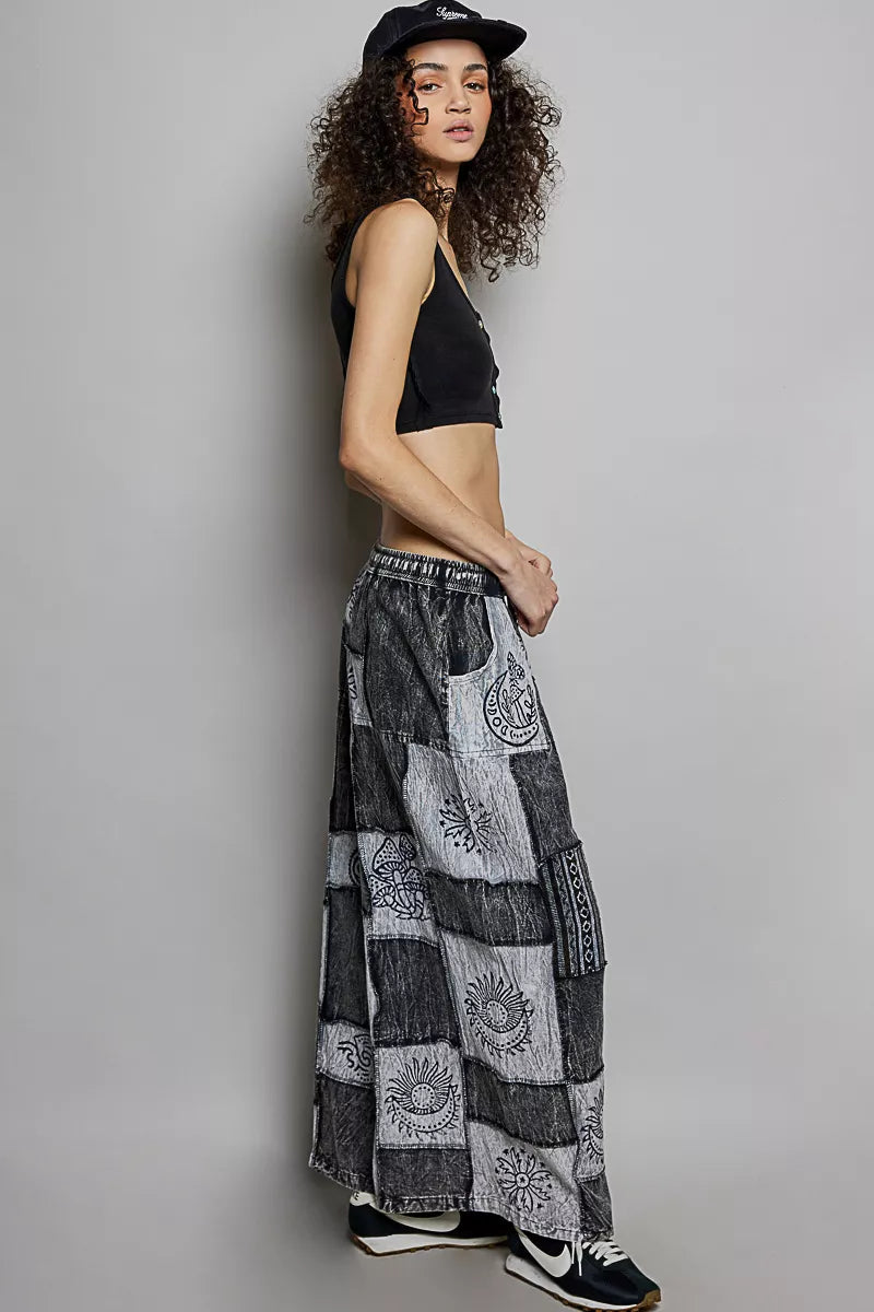 Grey patchwork wide leg drawstring pants with bohemian prints and textured fabric fit