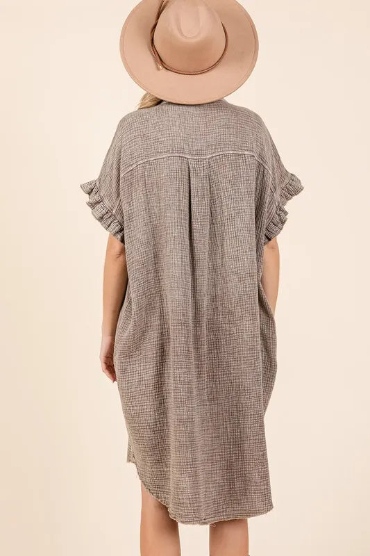 Mineral wash gray cotton gauze mini shirt dress with ruffle sleeves and relaxed fit