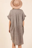 Mineral wash gray cotton gauze mini shirt dress with ruffle sleeves and relaxed fit