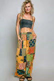 Multi color patchwork bohemian wide leg pants with printed cotton fabric and drawstring waist