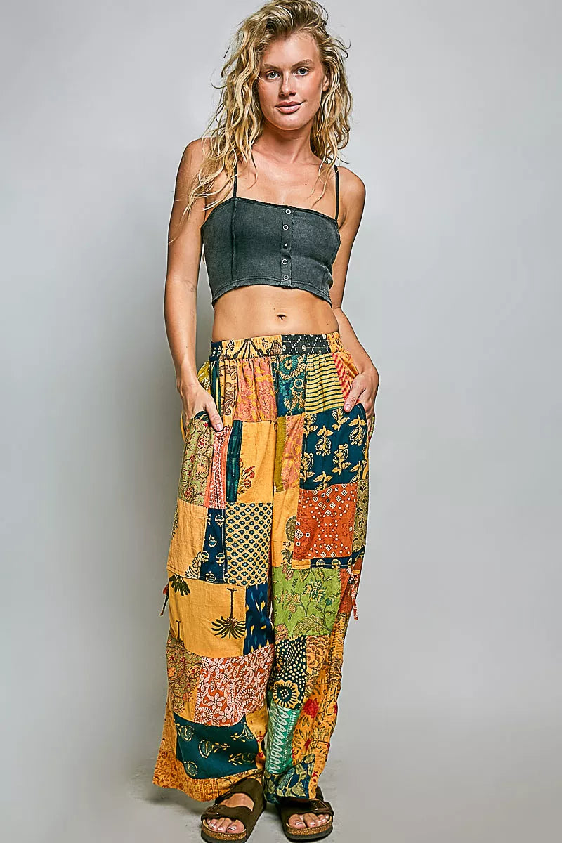 Multi color patchwork bohemian wide leg pants with printed cotton fabric and drawstring waist