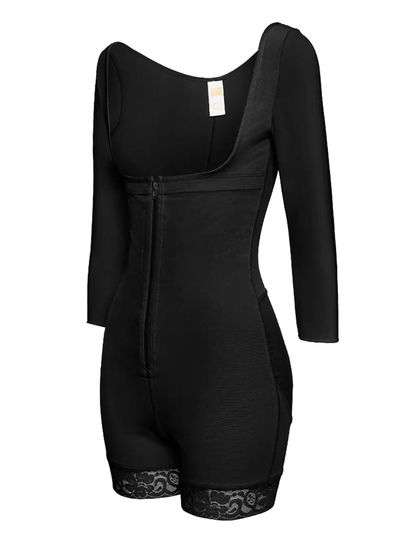 Black long sleeve top with subtle stretch and contour fit