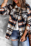 Back view of plaid shirt jacket showing straight hem and dropped shoulder seams