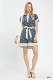 Border print shirt dress cinched with removable belt at waist