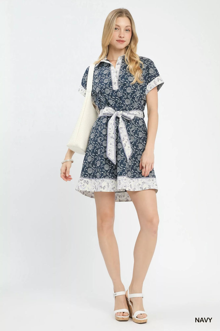 Border print shirt dress cinched with removable belt at waist