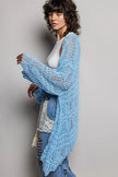 Light blue openwork cardigan with scalloped edge, loose fit, crochet texture, oversized sleeves