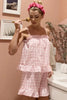 Blush pink gingham pajama set with ruffle trim details