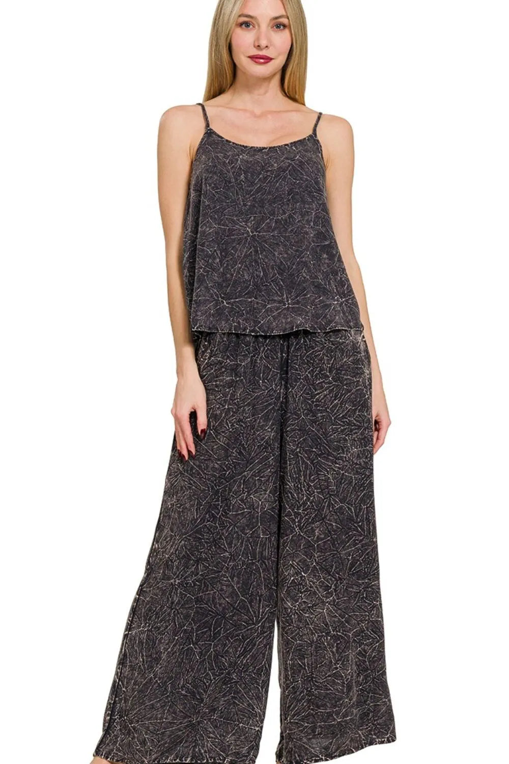 Ash black crinkle-washed cami with geometric charcoal print