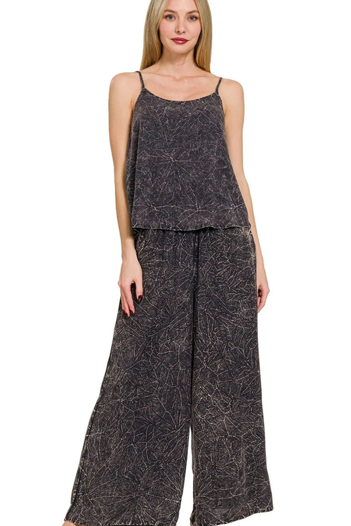 Ash black crinkle-washed cami with geometric charcoal print