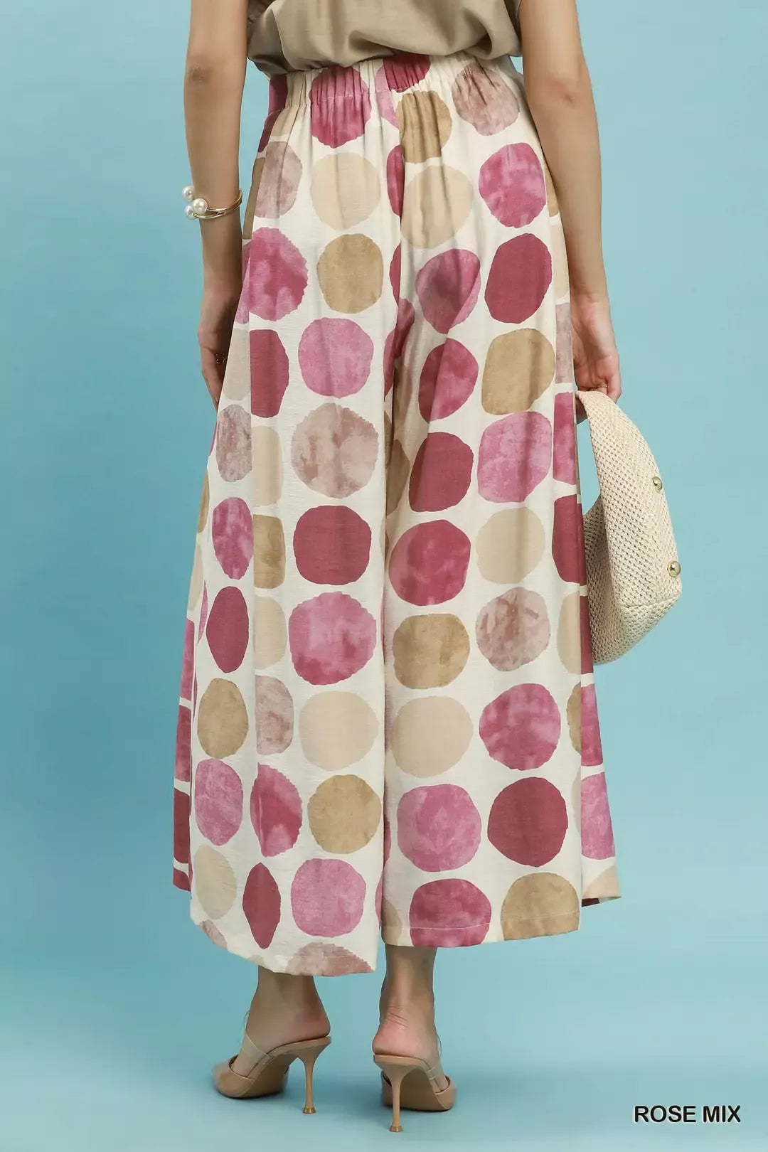 Womens wide leg flowy pants with cream base and rose mix polka dots