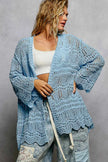 Light blue openwork cardigan with scalloped edge, loose fit, crochet texture.