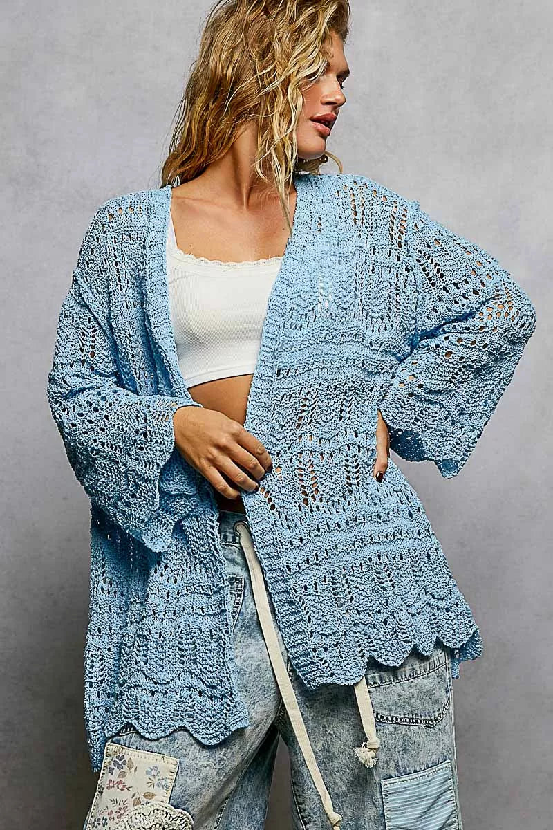 Light blue openwork cardigan with scalloped edge, loose fit, crochet texture.