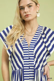 Blue-and-white striped ruffled midi dress with button-front details, chic fit, sleeveless design.
